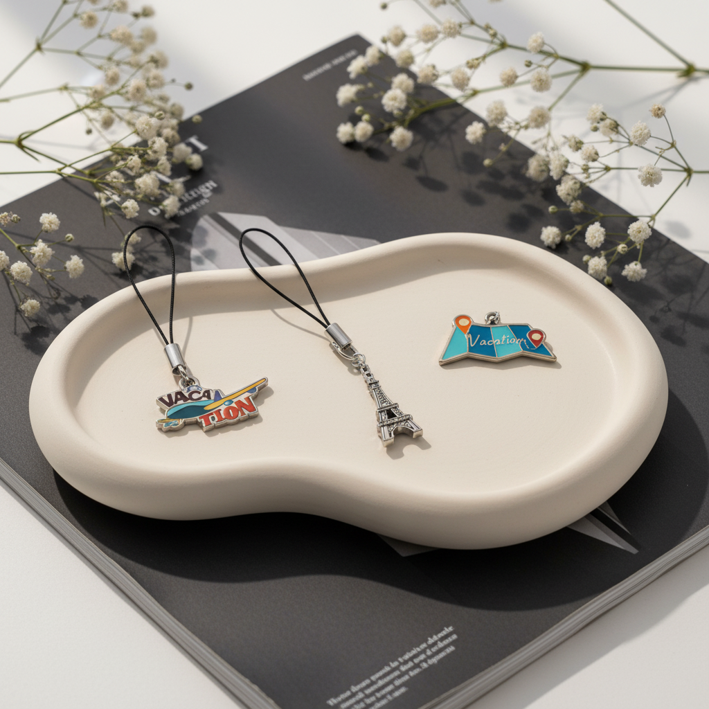 Three decorative charms on a white dish with flowers and a magazine in the background