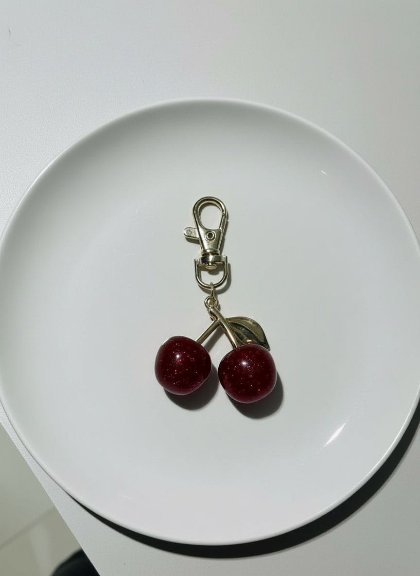 Keychain with cherry design on a white plate